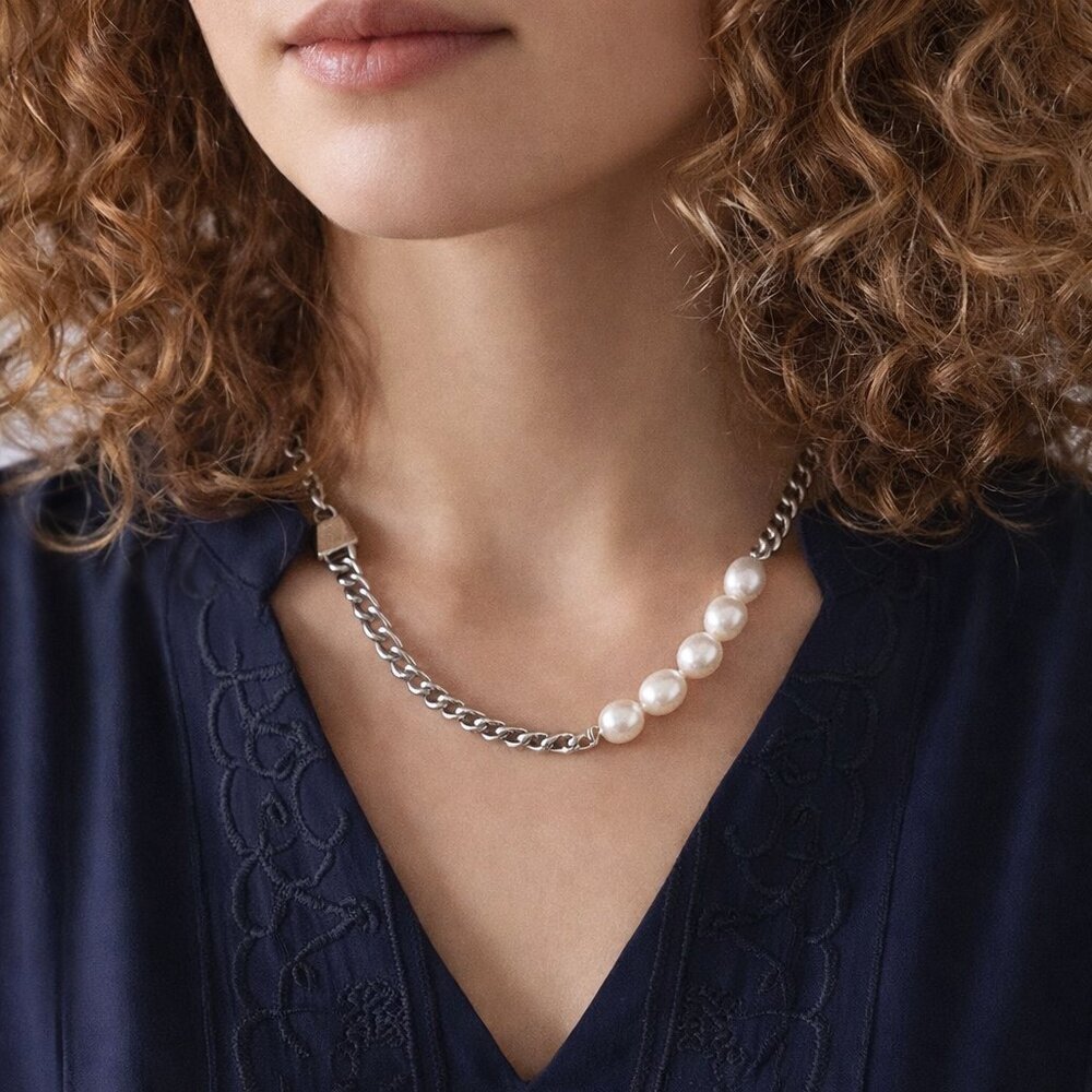 Freshwater Pearl Padlock 18K White Gold Plated Half Chain Statement Necklace